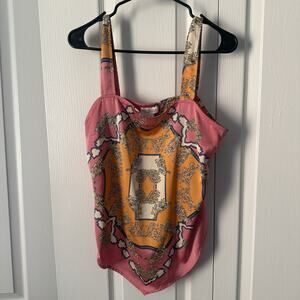 Rachel Zoe Satin Scarf Print Tank Top Resort Wear Boho Handkerchief Hem L Y2K